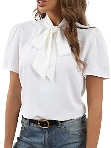 Rooscier Women's Bow Tie Knot Mock Neck Short Sleeve Elegant Workwear Business Dressy Casual Blouse Shirt Top White X-Large
