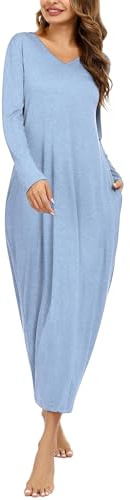 Sykooria Chemise de Nuit Femme Longue Hiver Robe de Nuit Coton Manche Longue avec Poche Peignoir de Bain Taille Grande S-3XL