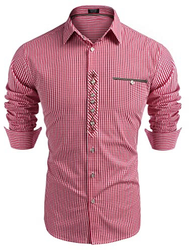 COOFANDY Chemise traditionnelle à carreaux pour homme Oktoberfest - Manches longues - Chemise à carreaux - Chemise cargo avec coton - Coupe ajustée pour homme, rouge-a, XL