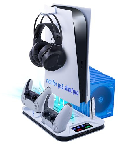 Mcbazel PS5 Stazione di Ricarica con Ventola di Raffreddamento Regolabile, Caricabatterie Doppio per Controller e Storage per Dischi di Gioco con Indicatore LED/Gancio per Cuffie(Non per PS5 Slim/PRO)
