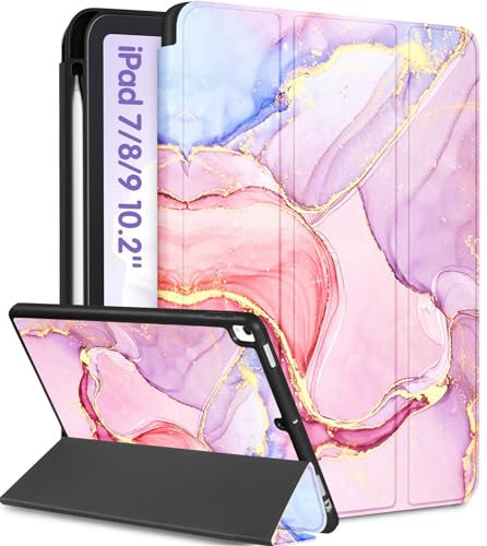Uppuppy Schutzhülle für iPad der 9., 8. und 7. Generation mit 10,2 Zoll A2602 A2270 A2197, niedlich, mit Stifthalter, Marmor, ästhetisches Design, mädchenhaft, Kawaii, für Mädchen, Frauen, Teenager