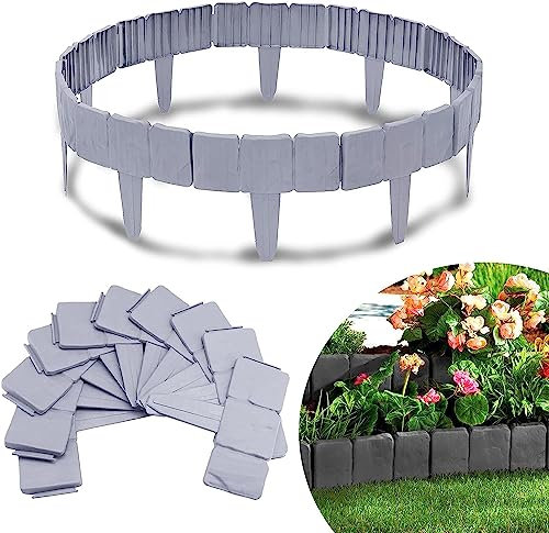 VA-Cerulean Rasenkante Kunstoff, Flexibler Steinoptik Beeteinfassung 7,5 M, PP Beetumrandungen mähkante, Palisade für Blumen Gartenzaun decorativ, L 25 x H 23 cm, 30 Stücke, Grau