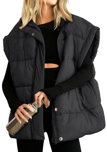 Songling Womens Oversized Puffer Vest Stand Collar Full Zip Sleeveless Bubble Puffer Vest Quilted Padded Warm Coat Outwear (Black,S)