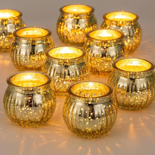 NUPTIO Glas Teelichtgläser Gold Teelichthalter: 12 Stück Teelichter Halter Gerippt Teelichter Kürbis Teelicht Klein für Wohnzimmer Kerzenlicht Abendessen Tisch Geburtstag Parteien Tischplatte Rund