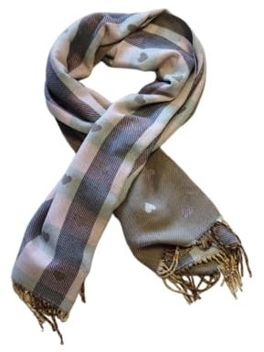 Seaside No.64 - XXL Wendeschal Herzenssache - kuschelig weiches Halstuch mit Herzen und Fransen - in braun & beige kombiniert mit kariertem & gestreiften Muster für Herbst, Winter, Frühling (rosa)