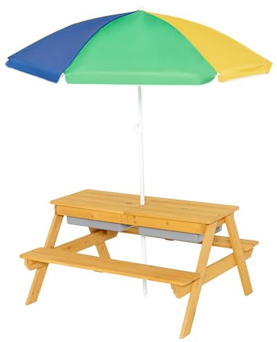 GOPLUS Mesa Infantil con Banco y Sombrilla, 3 en 1 Banco Convertible con Bandeja Extraíble y 2 Cajas de Almacenamiento, Mesa de Actividad de Madera para Exterior Jardín (Colorido