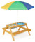 GOPLUS Table Enfant avec Banc et Parasol, 3 en 1 Banc Convertible avec Plateau Amovible et 2 Boîtes de Rangement, Table d’Activité en Bois pour Extérieur, Jardin (Coloré)