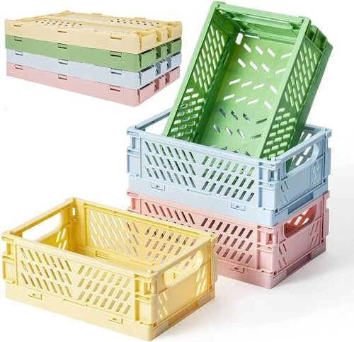BSTMOME 4 Pack Plastic Storage Tray Basket, Foldable Desk Crates Storage Box, Plastic Stackable Table Basket Organizer for Living Room, Office, Bathroom, Bedroom, Toiletries, Cosmetics (15X10X6CM)