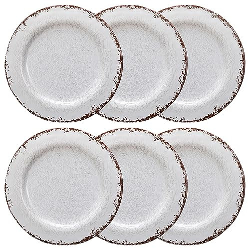 LEHAHA 9 inch White Melamine Salad Plate Set, Vintage Rustic 6 piece Dessert Plates Set, Break-Resistant Dishes Set Great for Dining Party, Ideal for Salad,Dessert,Fruit and Cakes