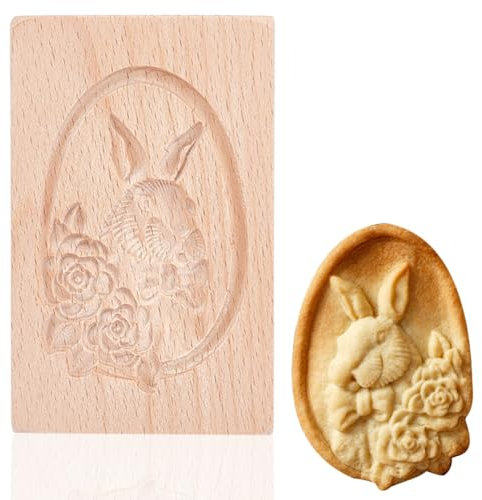 GOMAKRER 1 Pcs Carved Wooden Bunny Cookie Mold, Kitchen Wooden Rabbit Cookie Cutter 3D Biscuit Press Stamp Molds Gingerbread Cookie Stamp for Christmas Easter Kitchen DIY Baking Tool