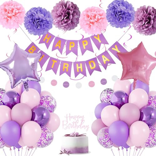 Decorazioni di compleanno rosa viola per donne e ragazze, palloncini rosa viola con striscioni di buon compleanno e pompon, decorazioni rosa viola per feste di compleanno per matrimoni baby shower