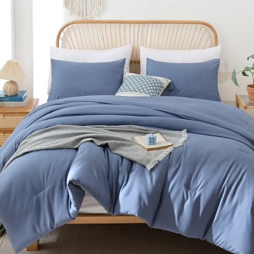 ROSGONIA Bettdecke in voller Größe für Mädchen, Jungen, Teenager, Schieferblau, 3-teilig (1 blaue Bettdecke und 2 Kissenbezüge), leichte Schlafsaal-Bettwäsche, volle Größe