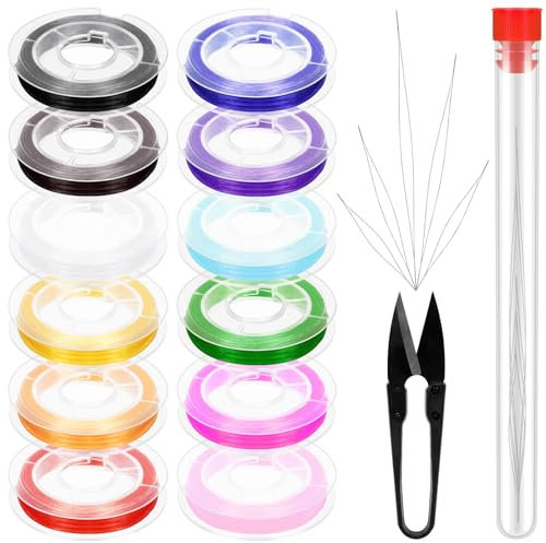 Swpeet 18 rotoli di 12 rotoli di filo elastico in 12 colori e aghi per perline da 45 mm, 60 mm, 75 mm, 100 mm, 115 mm, 125 mm, kit assortito di forbici a U, aghi per perline con occhi grandi, filo