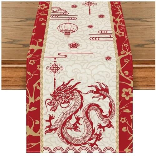 HiyyFloy Chemin De Table Dragon Chinois Nouvel an Lunaire Chemin De Table Nappe Rouge Polyester Décorations De Fête Asiatique pour Décor De Table De Festival De Printemps