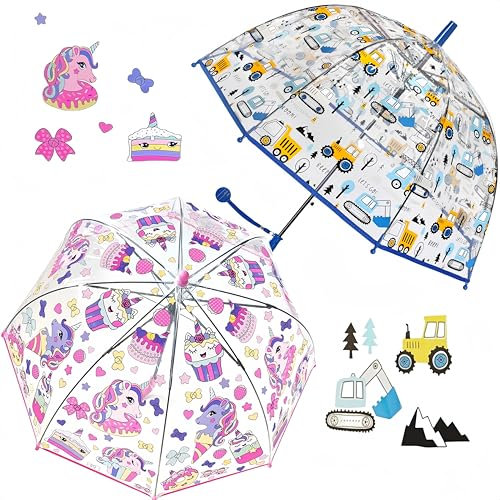 Rhomba Klar Transparente Blase Clear Bubble Umbrella for Children Lightweight Cute 8 Fibre Ribs Cute Dome See Through Perfect for Walking Kids Umbrella for Child (Blauer Bagger+Rosa Einhorn)