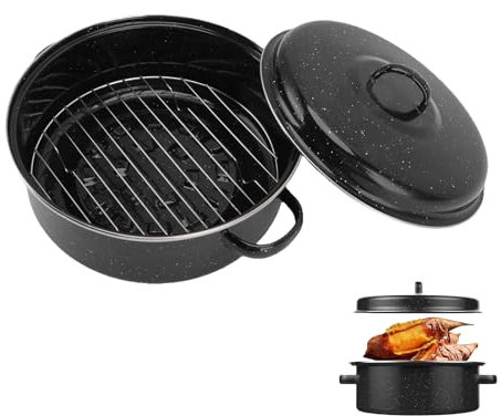 Round Roaster with Lid, Roasting Pan with Rack Black BBQ Pot Roast Pan with Lid Non Stick Roasting Pan with Lid and Shelf for Roasted Sweet Potatoes Chestnuts(26cm)