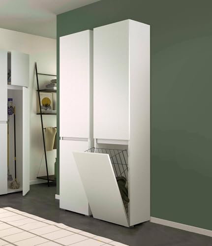 Dmora - Armadio multiuso 2 ante Agapanto, Mobile lavanderia a 2 ante, Colonna da bagno con cestello portabiancheria, 100% Made in Italy, 45x37h195 cm, Bianco