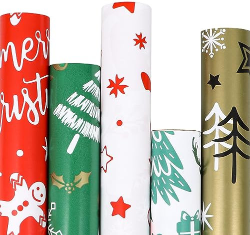 SULOLI 5 Rouleaux Papier Cadeau Noël, Papier d'Emballage de Noël en 5 Motifs Différents, Set de Papier Cadeau de Noel (43cm*3m)