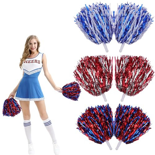6 Stück Cheerleader Pompons Cheerleader Pompons Pom Poms Cheerleading mit bunten Pompons Cheerleader mit Stiel für Sportveranstaltungen Schule Spiele(Blau und Weiß Rot und Silber Rot und Blau)