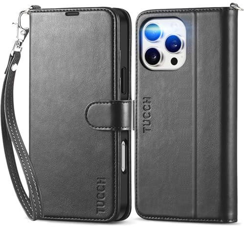 TUCCH Case for iPhone 16 Pro Max (6.9) 2024 5G, Magnetic PU Leather Wallet Case with Wrist Strap, RFID Blocking, Card Holders, Shockproof TPU, Protective Stand Folding Folio Flip Cover, Black