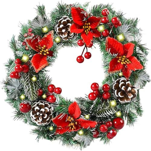 40CM Türkranz Weihnachten beleuchtet,Künstlicher Weihnachtskranz Adventskranz mit Christbaumkugeln und Zweigen Dekokranz,Weihnachtsdekoration,Weihnachtsdeko Tannengirlande mit Beleuchtung (C)