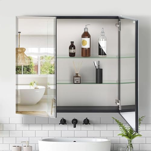 Movo Medikamentenschrank mit Einbau- oder Oberflächenmontage, 66 x 61 cm, schwarzes Aluminium, rahmenloser Badezimmer-Medizinschrank mit Spiegel und verstellbaren Ablagen