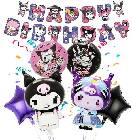 7 Stücke Kur-rom Geburtstags Deko Kur-romi Luftballons Set, Kindergeburtstag Dekoration Luftballons Set mit Happy Birthday Banner, Geburtstags Party Dekorationen für Kinder Mädchen