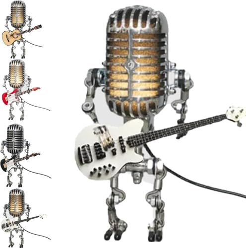 Endyniner Vintage Guitar Robot Lamp, Holding Guitar Night Light, Rockbot, Metal Microphone Robot Desk Lamp (White)
