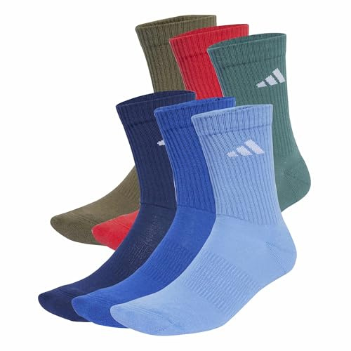 adidas Unisex CUSHIONED CREW SOCKS 6 PAIR PACK, Dark Blue/Royal Blue/Olive Strata/Pure Ruby, 10.5-12.5