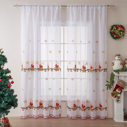 Lukery Weiß Transparent Vorhänge Wohnzimmer 2er Set, Weihnachten Schneeflocken-Stickerei Lang Halbtransparent Gardinen Vorhänge Durchsichtig für Fenster Küche Wohnzimmer Landhaus (130x241cm,Kerzen)