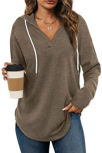 Cuptacc Hoodie Damen Pullover Spring Kapuzenpullover Damen Mit Kordelzug V Ausschnitt Sweatshirt Oversized Shirt Coffee XL 46-48