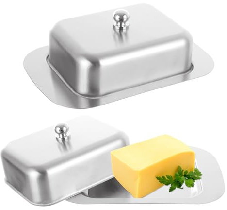LOPYXBR 2PCS Stainless Steel Butter Dish with Lid, 18.5 x 12.2 x 4cm Small Butter Dishes, Stainless Steel Cheese Dish with Lid, Reusable Butters Holder for Home Kitchen, Dining Room, Party(Silver)
