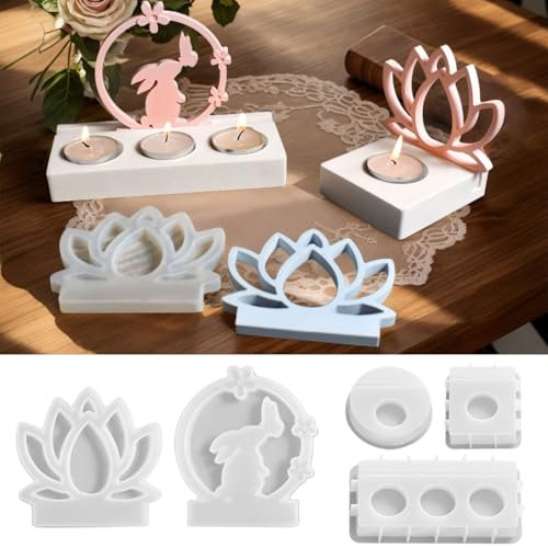 YTACREA Silikonformen Gießformen Ostern, Gießformen Silikon Hase und Lotusblumen mit Drei Arten von Silikonform Kerzenhalter, Leicht zu Reinigen und Freizugeben Epoxidharz Formen Silikon, DIY 5 Stück