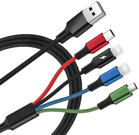 4 in 1 Multi Charger Cable, Multiple USB Cable, 1.2M 3A Fast Charging Cord, Nylon Braided with 2 iP, USB C & Micro USB Connectors, compatible with iPhone Samsung Galaxy Huawei LG Sony PS5 Switch
