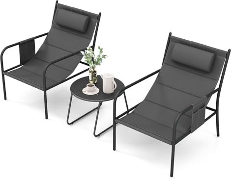 GOPLUS 3tlg. Gartenmöbel Set, Bistroset inkl. 2 Gartenstühlen & Beistelltisch, Balkonset Balkonmöbel Terrassenmöbel mit Kopfkissen, Sitzgruppe Sitzgarnitur Outdoor für Garten Balkon Hof Terrasse, Grau