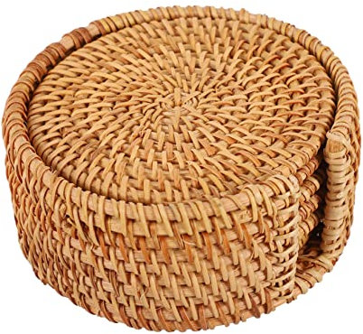 PHENOFICE Sottobicchieri Rotondi in Rattan Intrecciato Mano Anticalore Tappetini Per Tazza e Bevande Protezione Tavolo e Decorazione Casa