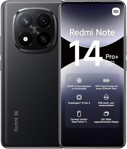 xiaomi Redmi Note 14 Pro+ 5G smartphone, 12+512GB, Midnight Black, 200MP pro-grade AI camera, IP68, 120W HyperCharge, AI features (no charger included), 2 year Warranty