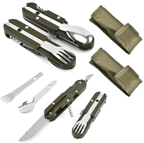 2 Stück Outdoor Bundeswehr Besteck Edelstahl Campingbesteck Essbesteck, 5 in 1 Folding Cutlery Camping Set, Besteckset mit Abnehmbarer Gabel,Löffel,Messer,Flaschenöffner und Oxford Tasche für Camping
