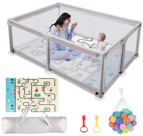 Truevaste Laufstall Baby 120x180x65 cm, 300D Oxford Faltbar Laufgitter mit Matratze, Baby Playpen mit 50 Bunte Bälle und 2 Zugringen, Laufgitter Sicher Stabil, für Wohnung, Indoor, Outdoor