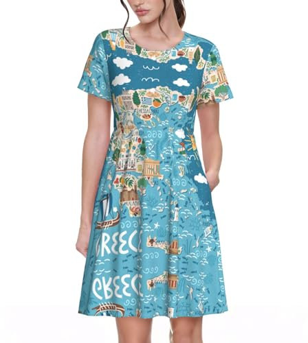 Griechenland Landkarte Damen Sommer Kleid Alltag swing Kurzarm Strandkleider Trapez-Linie Kleid mit Taschen, sc schwarz, XL