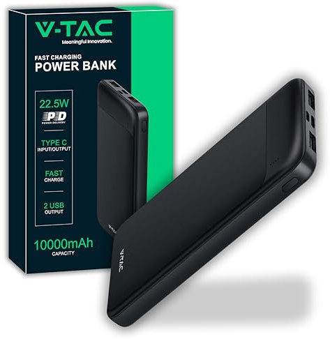 V-TAC Power Bank 10000 mAh con Carga Rápida PD 22.5W - Cargador Portatil - Batería Externa Delgada con Puerta USB Type-C y 2 Puertas USB-A - Compatible iPhone, iPad, Samsung, iPad, Xiaomi - Negro