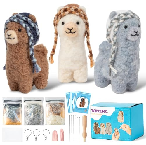 WATINC Alpaka Nadelfilz Kit - Set mit 3 verschiedenen Alpaka-Puppen-Wollfilz-Nadelfilzwerkzeugen Schaumstoff-Pad, DIY Heimdekoration Nadelfilzen Handwerk Partyzubehör für Anfänger
