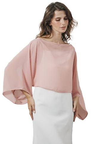 BEAUTELICATE Damen Chiffon Stola mit Ärmel Festlich Sheer Schultertuch Elegante Bolero Capelet Sommer Brautjacke für Abendkleider Brautkleider Hochzeit,Errötendes Rosa,S-M