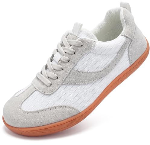 Barefoot Shoes for Womens Trainers Extra Wide Fit Arch Support Memory Foam Running Shoes Ladies Lace Up Lightweight Non Slip Outdoor Walking Sneakers Grey White UK 8
