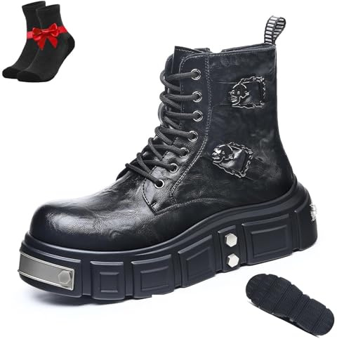 SYT-MD Stivaletti Punk Gotici Da Uomo, Stivaletti Allacciati Alla Caviglia Stivali Da Lavoro In Pelle Con Plateau Grosso For Uomo E Donna(Black,43 EU)