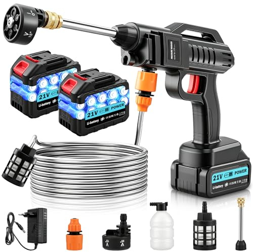 Yelyee Akku Hochdruckreiniger, 21V, 100 bar, tragbarer Druck mit 2 x 3000 mah Lithium-Akku, 6-in-1-Düse, 5 m Schlauch, 270L/H für Auto Boden Terrasse Fenster