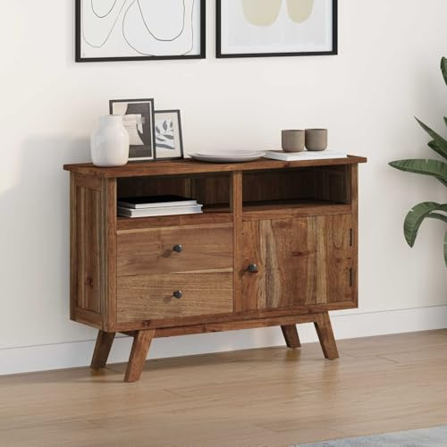 HETFTJN Teak Sideboard 100x30x68 cm Retro Anrichte mit 2 Schubladen und 1 Tür Natur Massivholz Vintage Lowboard für Wohnzimmer Küche Flur