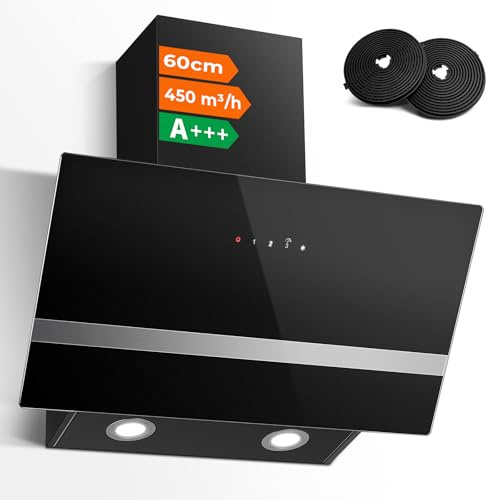 SNDOAS 60cm Angled Cooker Hood, 450 m³/h Kitchen Extractor Fan, A+++ Range Hood, Recirculating & Ducting Modes with Carbon Filters, Black Glass Touch Control with 3 Speed + Booster