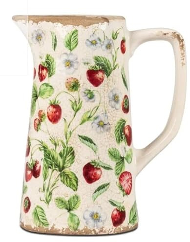 Formano Deko-Krug Vintage, Weiß mit Erdbeer-Motiv, Keramik, H. 19 cm, Antik-Stil, Garten