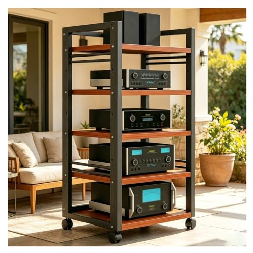 Av Tower Media Stand Supporto 5/7 Livelli，Mobile Giradischi E Porta Vinili Con Ruote Universali, Ripiano Rack Amplificatore, Torre Porta DVD, per Soggiorno(Teak,5tier)